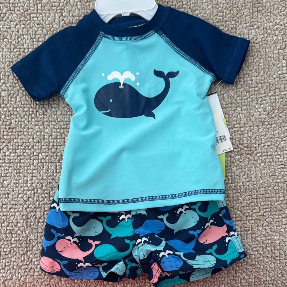 Whale Print Kids Rashguard Set - Aqua and Navy